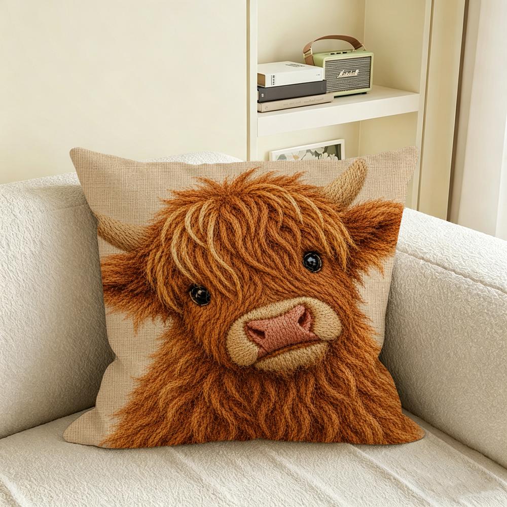 Animal D FlatPrinted Highland Cow Cushion Cover Natural Linen Pillowcase Set AllinOne Decor for Sofa Bedroom Chair