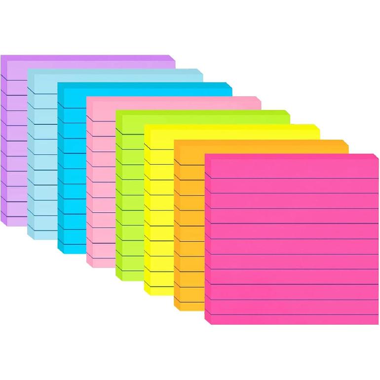 (8 Pads) Lined Sticky Notes 4x4 in Post, 8 Colors Self Sticky Notes Pad Its, Bright Post Stickies Colorful Big Rectangular Sticky Notes Ruled