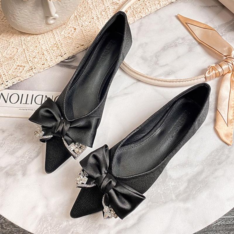 Fashion Elegant Pointed Toe Bow Pumps Women Luxury Rhinestone Shallow Flat Shoes 35-43 Large Size Banquet Dress Shoes Sandalias De Mujer