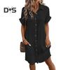 Summer Women Dress Turn-down Collar Single-breasted Loose Short Sleeves Loose Solid Color Patch Pocket Knee Length Commute Leisure Midi Dress