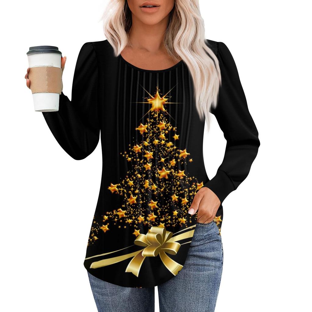 Женская модная повседневная плиссированная футболка с круглым вырезом и рождественским принтом с длинными рукавами