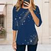 Women Plus Size Round Neck 3 4 Sleeve Starry Sky Print Navy T Shirt Curved Hem