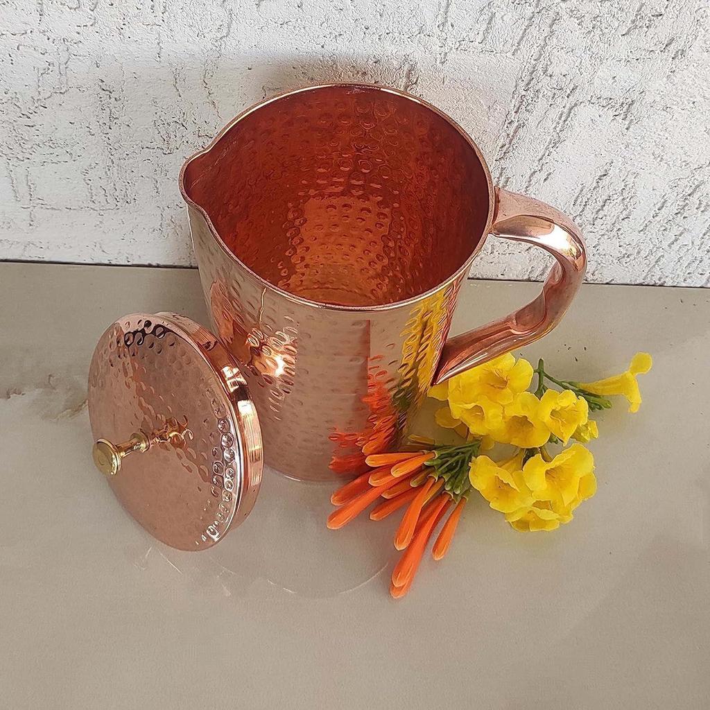 Pure Copper Jug with Lid | Handcrafted Hammered Design | Ayurvedic Water Pitcher for Health Benefits | 1.9 Litre Capacity