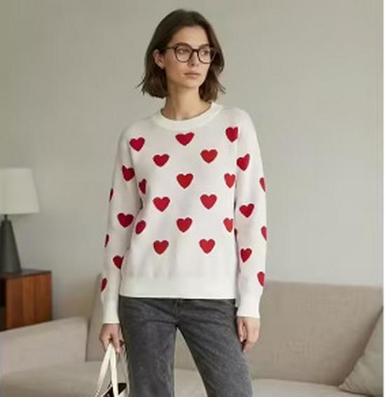Women's Heart Shape Jacquard Knit Sweater - European & Korean Style, Loose Fit for Autumn/Winter