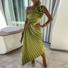 Women Evening Dress One Shoulder Pleated Flower Decor Hollow Out Backless Sleeveless Irregular Hem Cocktail Party Wedding Midi Dress