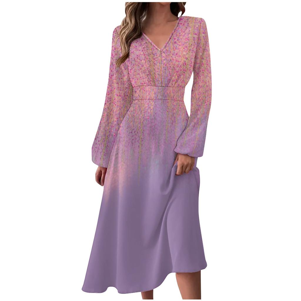 Женское осенне-зимнее повседневное модное длинное платье с v-образным вырезом и длинным рукавом с цветочным принтом