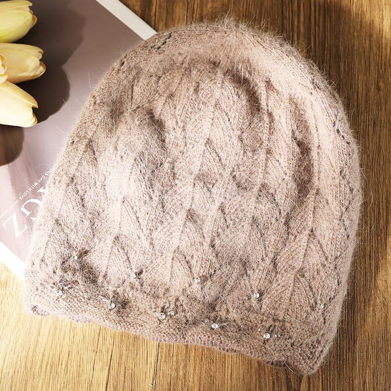 Шапка Женская Зимняя Мама Мода Универсальная Кроличий Мех Осень и Зима Теплая Защита Ушей Вязаная Шерстяная Шапка Тренд