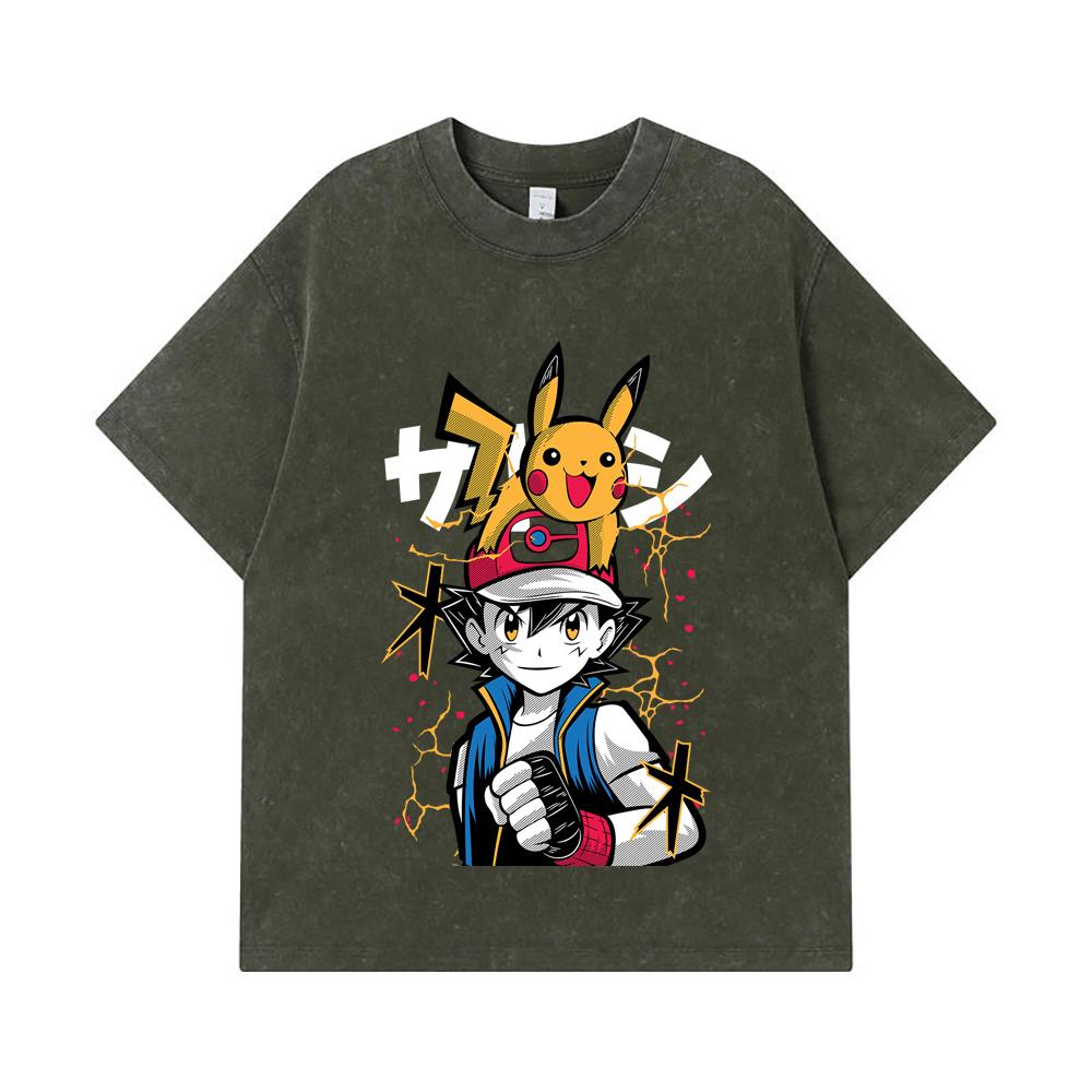 Стиранные футболки 275 г/м² 100% Хлопок Pokemon V2 Принт с Эшем Унисекс Футболка из Плотного Хлопка