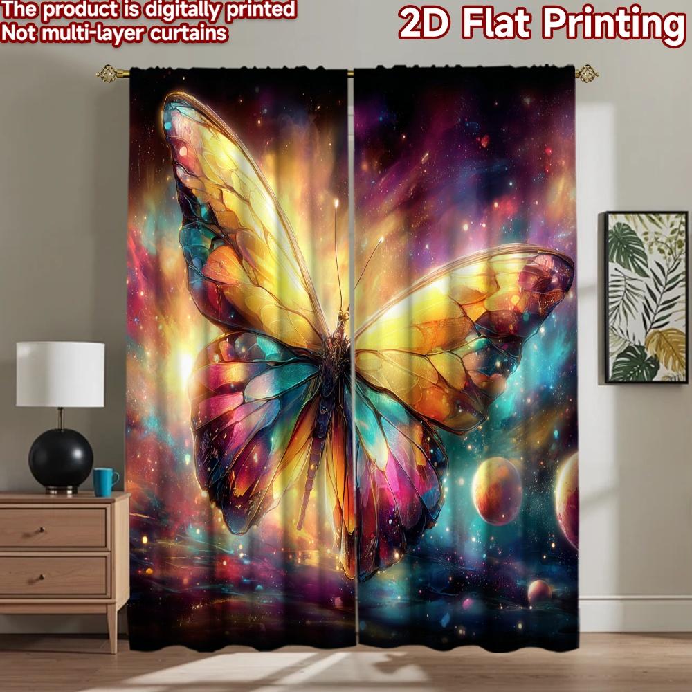 2D flat printing 2pcs Scene Curtains Cosmic Butterfly Galaxy Space Digital Printed Polyester Drapes Festive Holiday Use for
