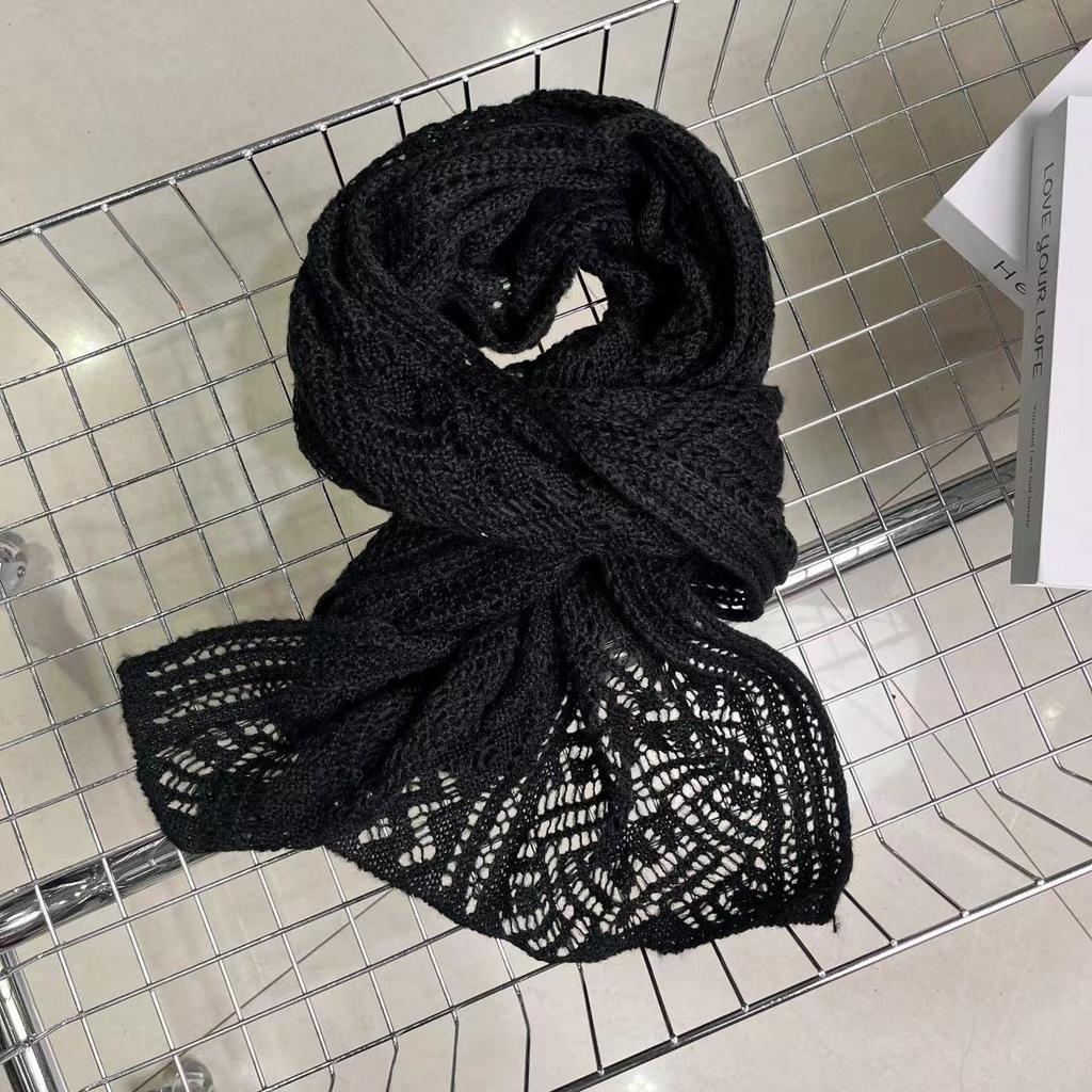 New Hollow Solid Color Knitted Scarf for Women Autumn and Winter Hollow Warm Scarf Versatile Retro Scarf