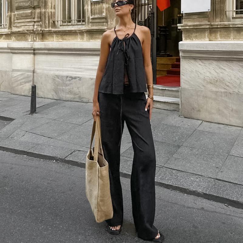 Retro Solid Color Round Neck Lace Up Sleeveless Top Sets Elegant High Waist Loose Wide Leg Pants Suit 2025 Summer Lady High Street Outfits