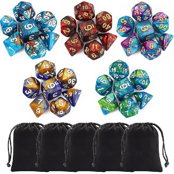 Good productPolyhedral Dice Set (35 Pieces) with Black Pouches, 5 Complete Double-Colors Dice Sets of D4 D6 D8 D10 D% D12 D20 Compatible with