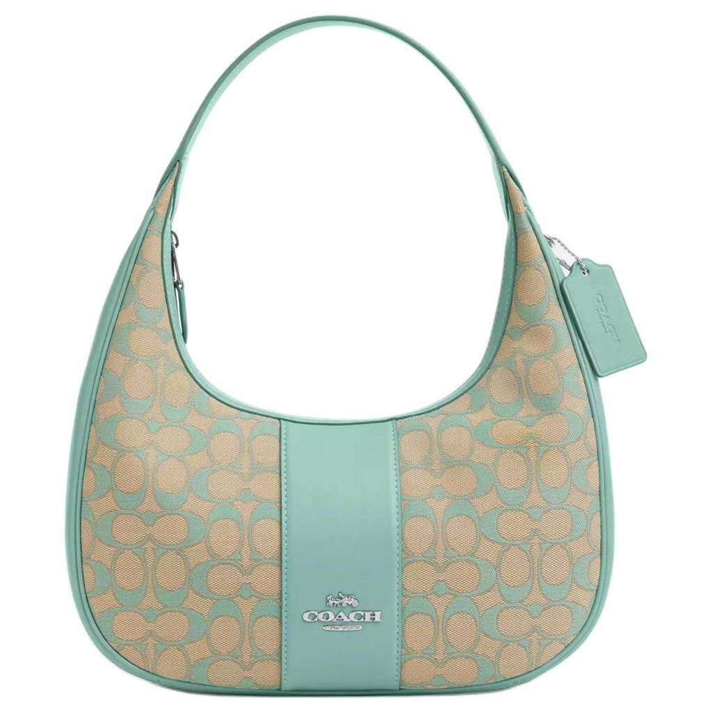 Coach Кармен 29 Signature Жаккард Застежка-молния Гладкая кожа Сумка-тоут Сумка через плечо Большая женская сумка Серебристо-выцветший синий CT765-SVVSW