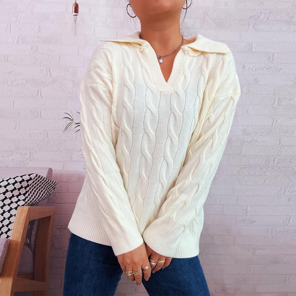 Women's Fashion Casual Loose Semi-Retro Cable Lapel Long Sleeve Knit Sweater Pullover