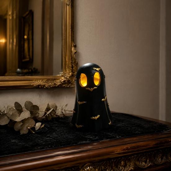 Resin Ghost Statue Halloween Decoration, Cute Light Up Figurine, Spooky Warm LED Bedside Lamp with for Shelf Mantel Indoor Home Decor Party Supplies