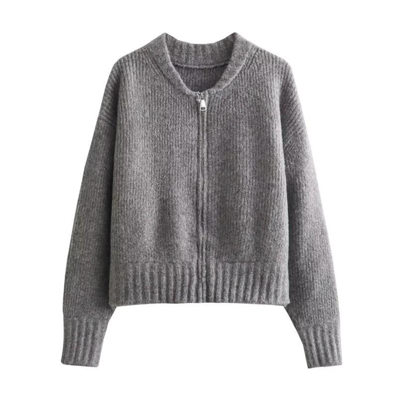Женский серый вязаный кардиган из акрила, свитер, V-образный вырез, длинный рукав, молния спереди, свободный крой, повседневный, офисный, зимний