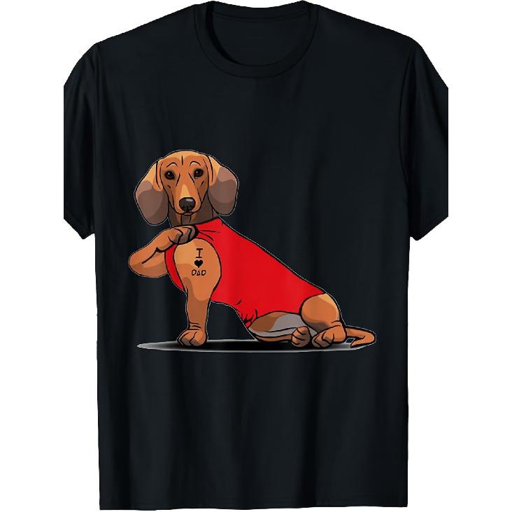 Funny Dachshund Dad T-Shirt - Heavyweight 220GSM Cotton Retro Dachshund Sitting & Tattoo Graphic Tee - Loose Fit Unisex Shirt Suitable for Men &
