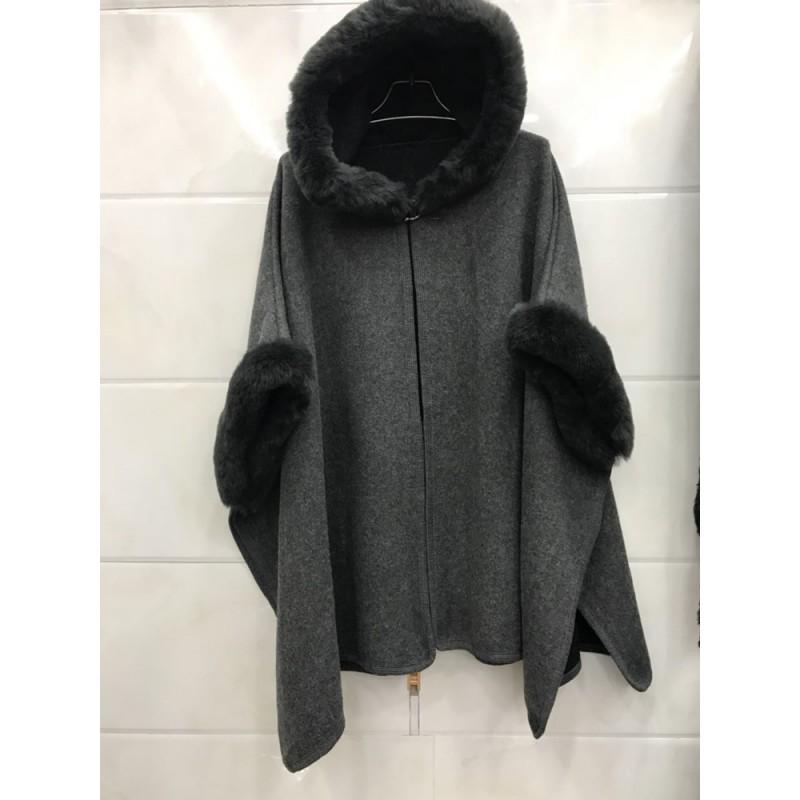 Womens Oversized Hooded Cape Coat With Faux Fur Trim Double-Faced Wool Blend Loose Fit Winter Warm Outerwear