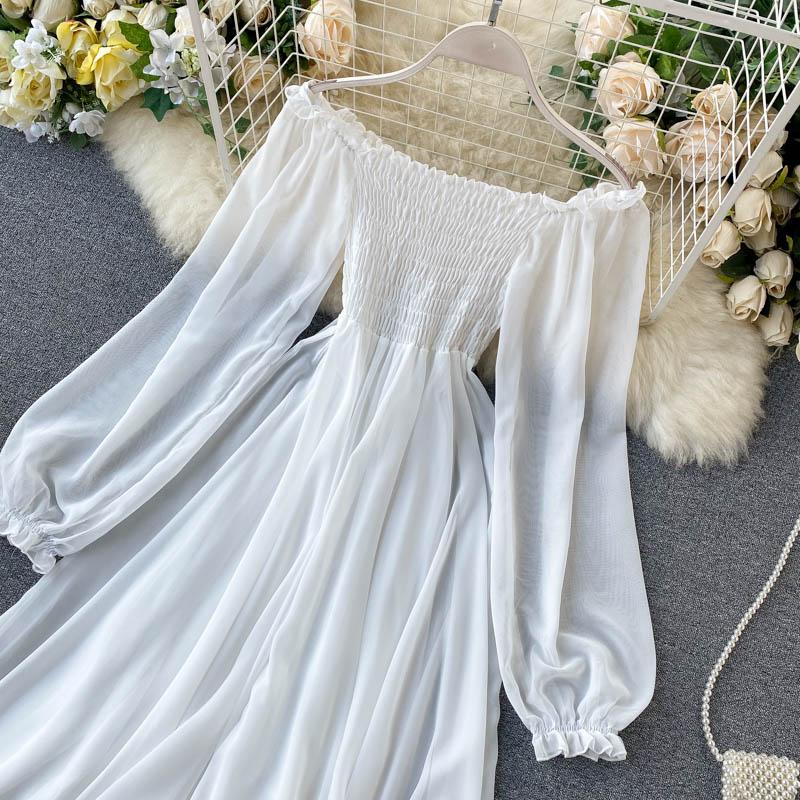 Весенне-осенние женские элегантные праздничные платья, белые шифоновые платья с пышными рукавами и вырезом на шее, с открытыми плечами