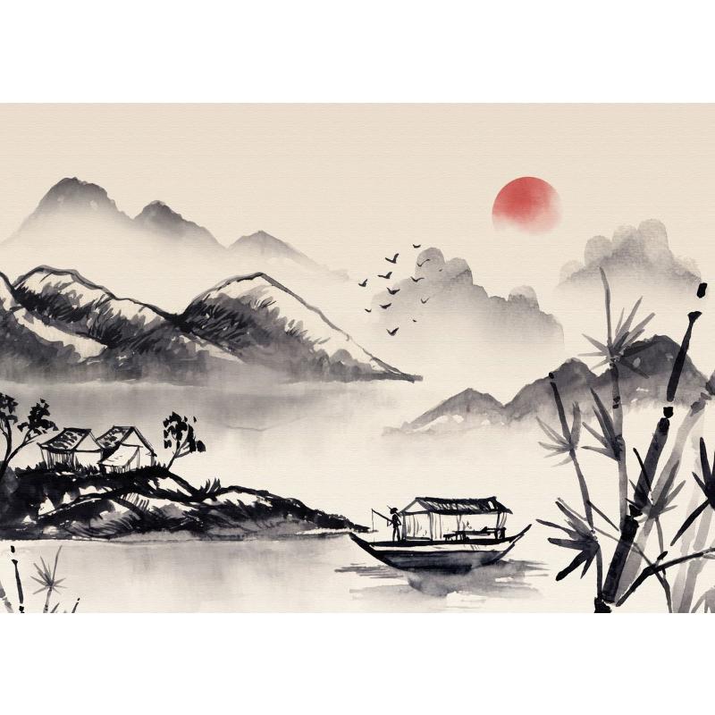 Китайский пейзаж Пара Птицы Лес Гора Река Кои Карп Рыба Искусство Плакат Печать Картина на холсте Настенная картина Декор для дома