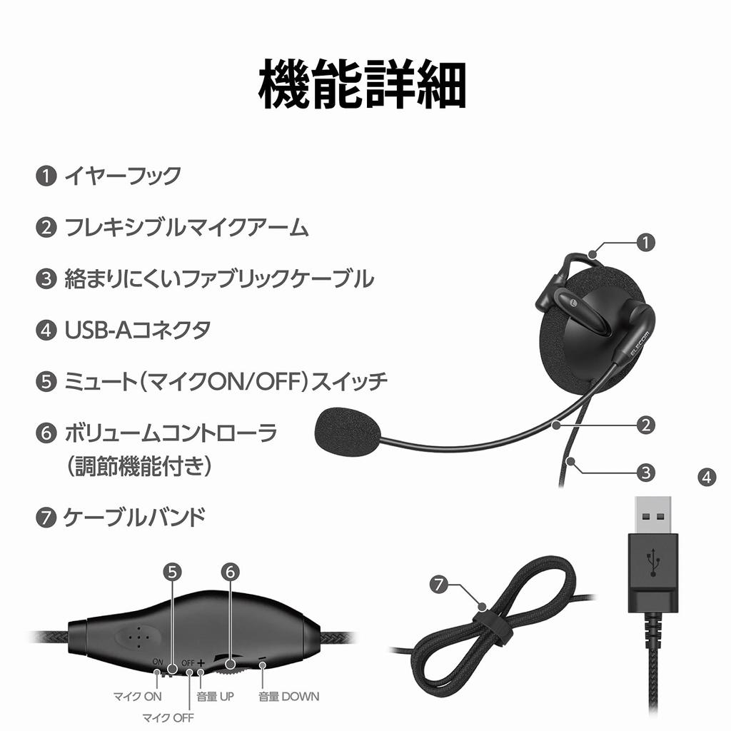 Elecom Гарнитура проводная заушная дужка USB соединение микрофон одно ухо пульт дистанционного управления черный HS-EH01UBK