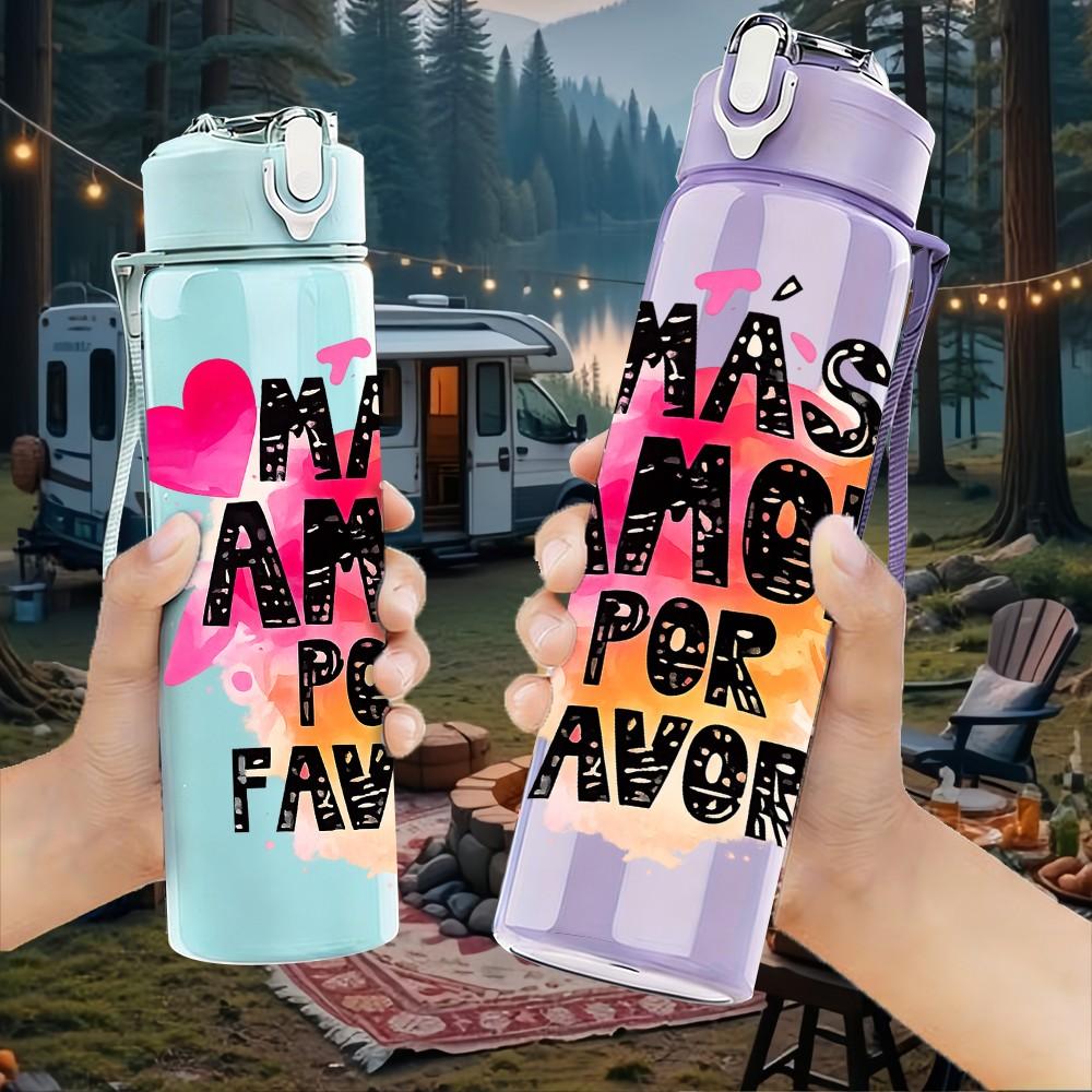 1PC Has Amor Por Favor Spanish Heart Print 750ml Color Plastic Sports Water Bottle Leakproof Flip Straw Lid Suitable for Sports Office Home Use
