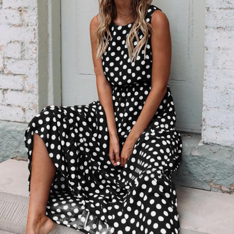 Women's Fashion Summer Spring Solid Color Print Sleeveless O-Neck High Waist Casual Dresses