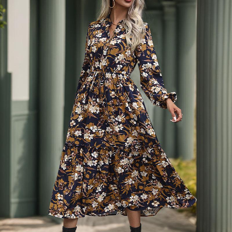 Autumn Women's Retro Printed Dress Temperament Elegant V-Neck Dress