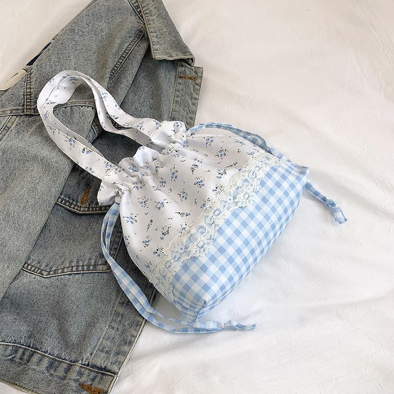 Летняя маленькая свежая милая клетчатая сумка из нейлона с бантом, новый нишевый дизайн, нежное кружево на плечо