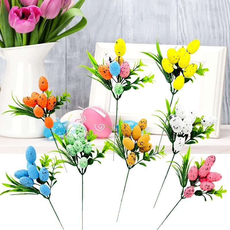 Easter Egg Flower Sticks Foam Spotted Egg Cuttings Green Plant Decoration Plug-ins Easter Decoration Home Office Party Decor