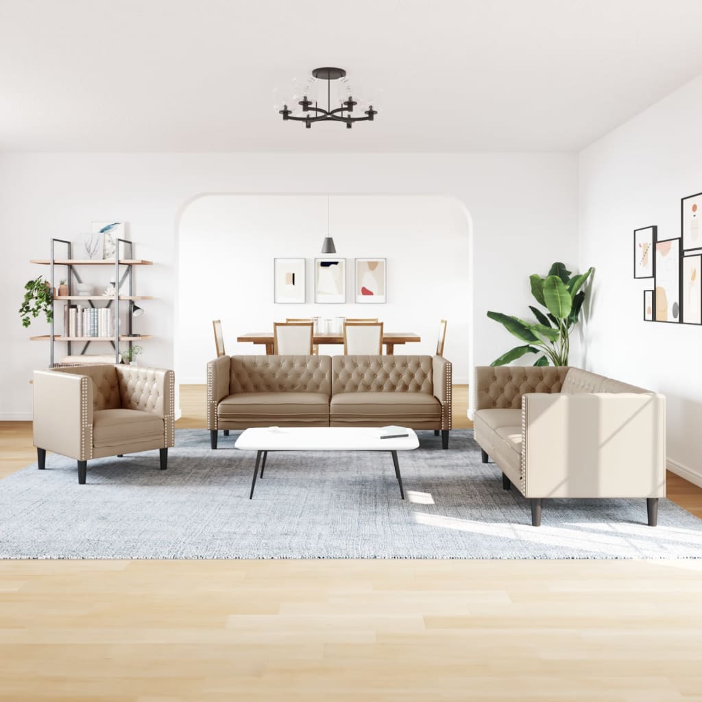 3 Piece Chesterfield Sofa Set in Cappuccino Faux Leather