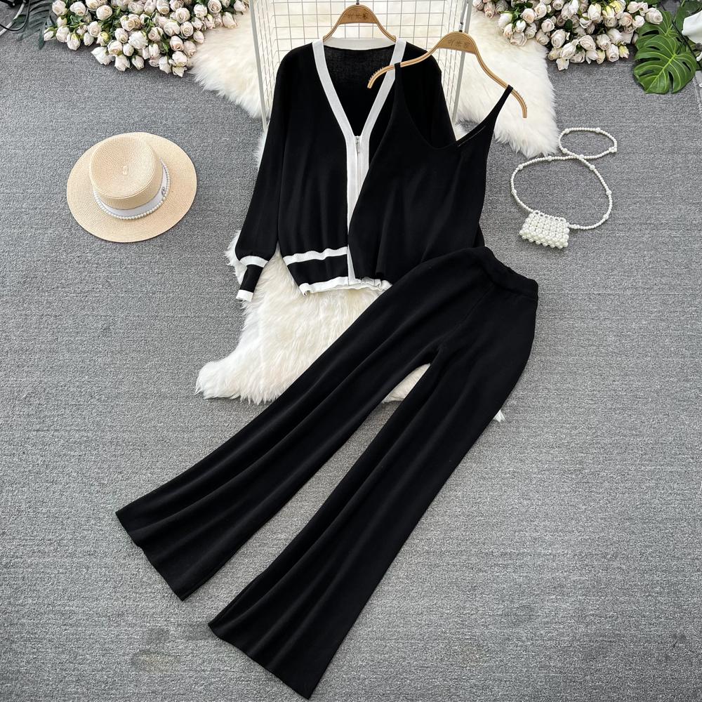 Осень-зима, винтажный однотонный вязаный свитер, брюки, комплект из 3 предметов, женский спортивный костюм, куртка на молнии с длинными рукавами, пальто, жилет, брюки, наряды