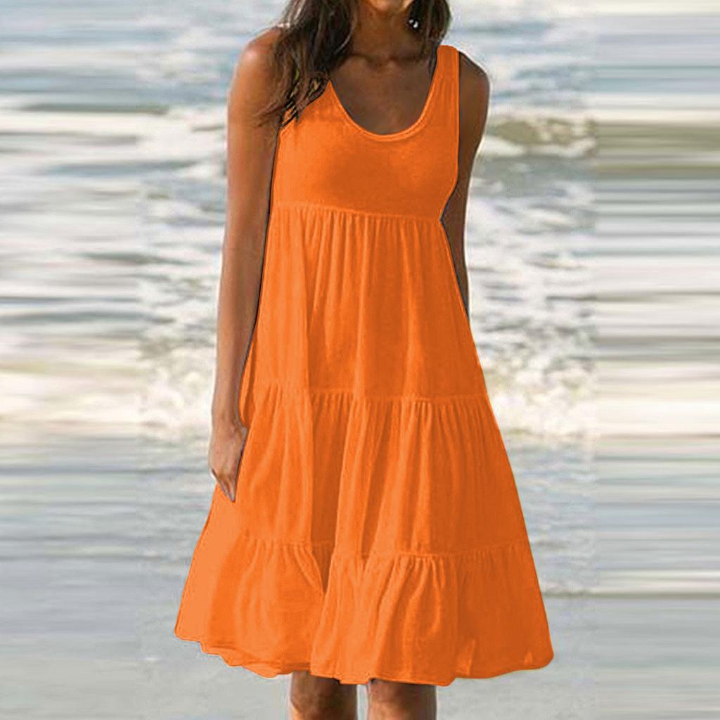 Женские платья-жилеты Лето-весна Плиссированные богемные платья Симпатичные струящиеся пляжные платья без рукавов Прямая футболка Платья-майки Платья с круглым вырезом