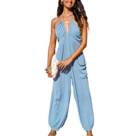 Женский комбинезон макси с плиссировкой, глубоким V-образным вырезом, цельный, длинные брюки для бега с карманами, повседневный пляжный комбинезон без рукавов