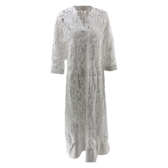 Fall Women Dress Hollow Lace Crochet Patchwork Double-layer V Neck Loose Three Quarter Sleeves Floral Embroidery Ankle Length Commuting Dating