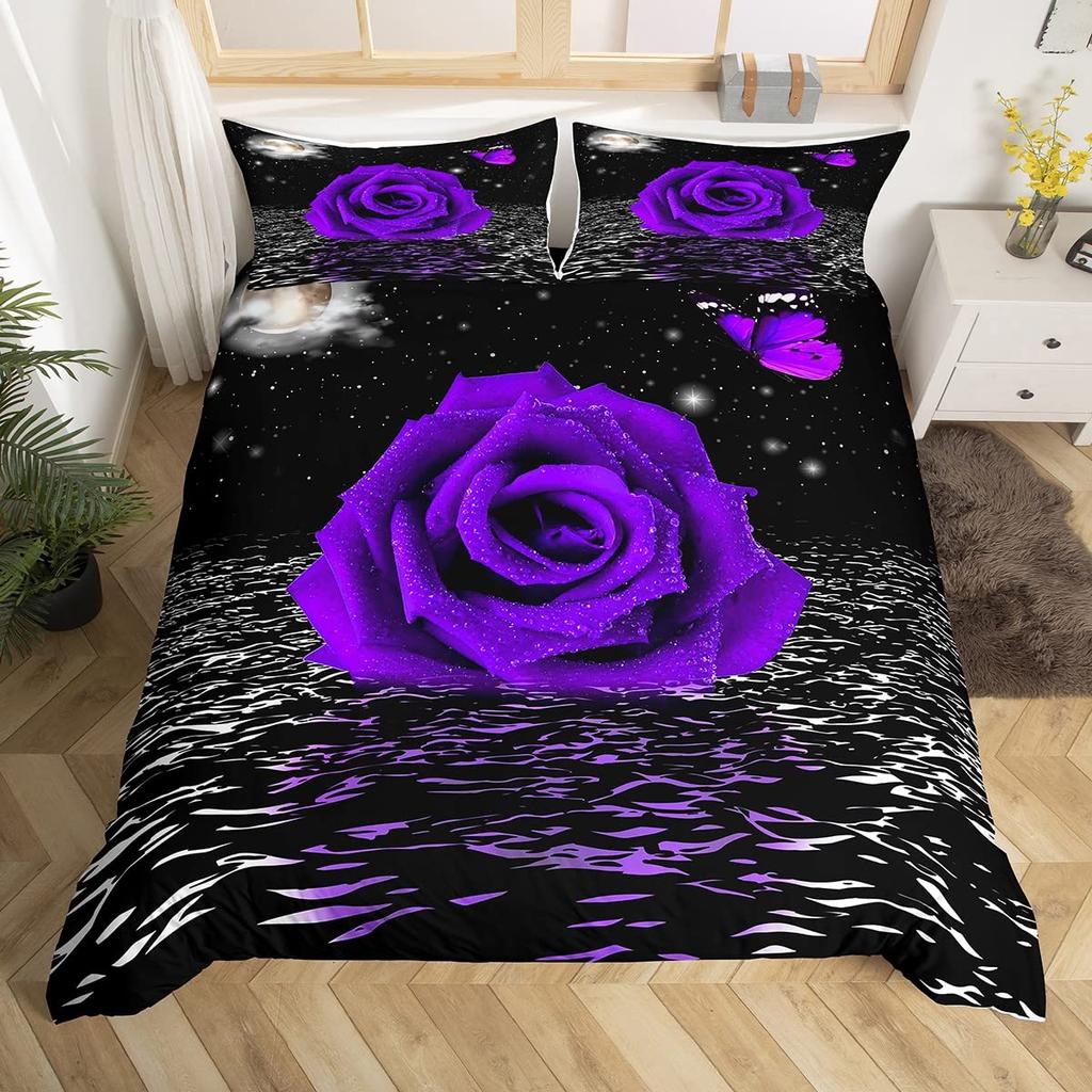 Purple Rose Duvet Cover Set Queen Size Romantic Flowers Bedding Set Valentine'S Day Floral Comforter Cover Lover Couple Gift
