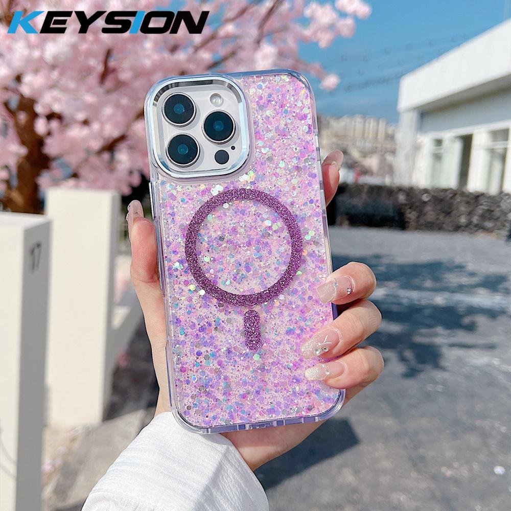 KEYSION Роскошный блестящий магнитный чехол для телефона MagSafe для iPhone 12 13 14 Pro Max 14 Plus Мягкий ТПУ+ПК Ударопрочная задняя крышка
