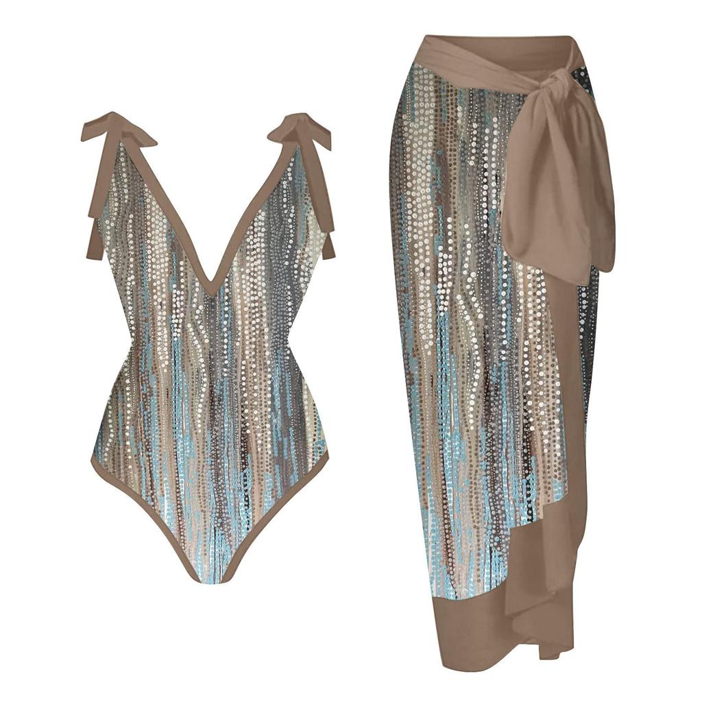 New Vintage Ethnic Print Women's One Piece Swimsuit Two Piece Sheer Skirt Conservative Push Up Padded Swimwear Beachwear