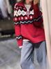 Retro Fair Isle Wool Cashmere Half-Zip Sweater - High Neck, Thickened Knit, Red Women's Christmas Top