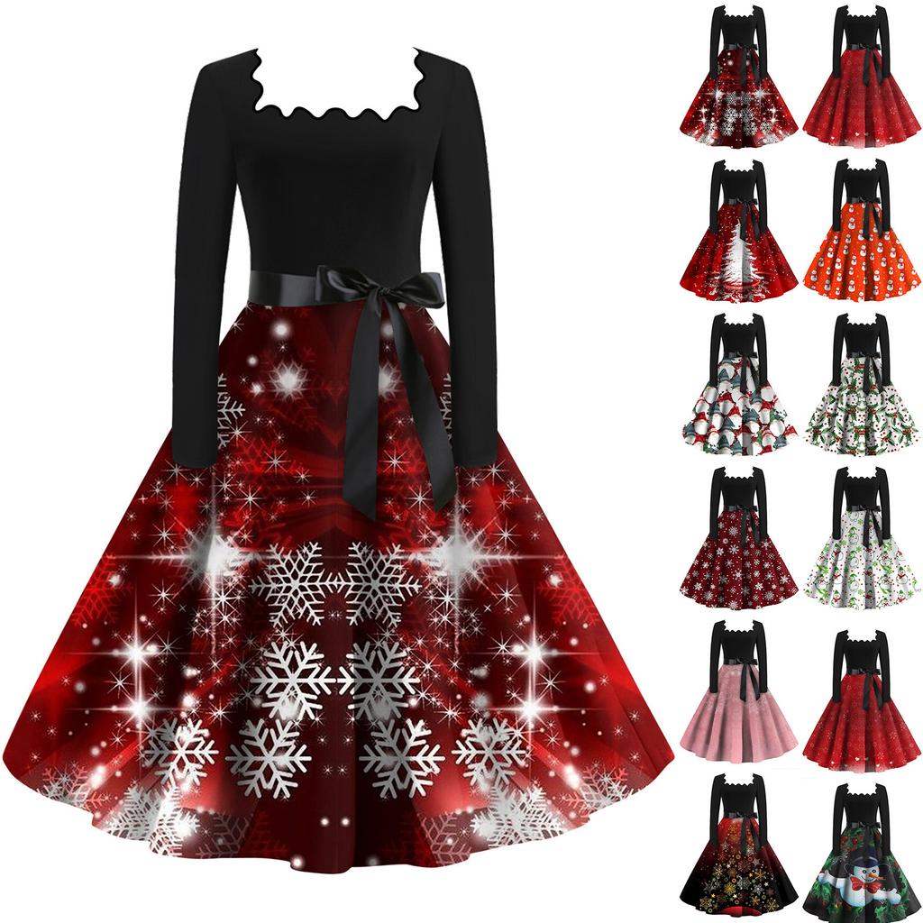Women's Fashion Square Neck Casual Slim Christmas Printed Long Sleeve Dresses