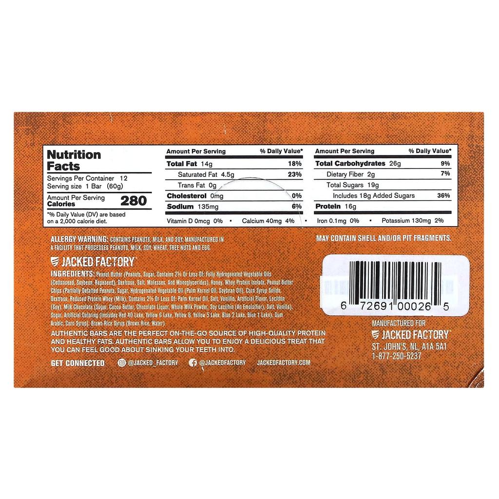 Jacked Factory Authentic Bar, Protein Bar, Peanut Butter Candy, 12 Packs, 60g (2.12oz) Each