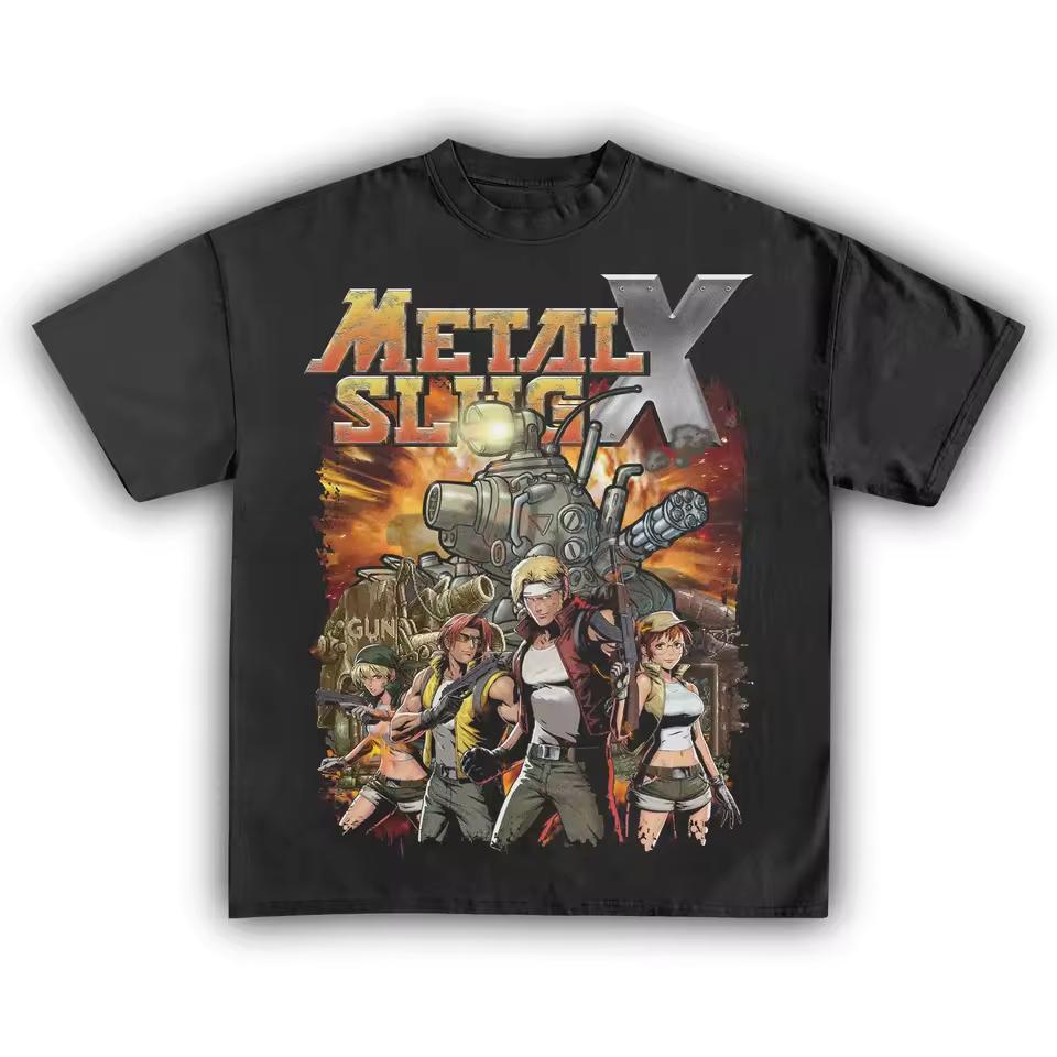 Front Print Retro Arcade War Game Four Soldier Character Tank Explosion Flame Rough Distress Font Loose Oversized Street Tops