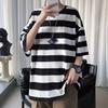 Мужская летняя футболка в полоску подходящего цвета с короткими рукавами и круглым вырезом, свободная повседневная одежда в японском стиле, уличная одежда для подростков, весенний топ