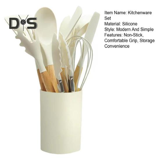 12 шт. силиконовый кухонный набор, лопатка, ложка, антипригарная жаропрочная кухонная утварь с деревянными ручками, ведро для хранения всей кухонной утвари