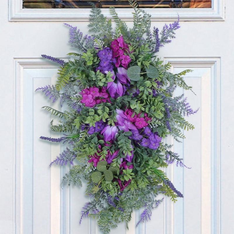 Tulips Wreath for Front Door Spring Artificial Flower Wreath with Hyacinths Hydrangeas Lavenders Wall Hangings Decorations