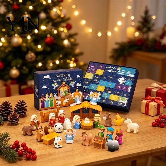 Plastic Christmas Countdown Ornament 24 Days Nativity Advent Calendar for Kids, Kids with Mini Figurines, Interactive Holiday Activities Children