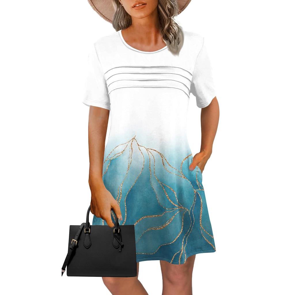 Женское летнее винтажное платье с цветочным принтом, повседневное платье с коротким рукавом и круглым карманом