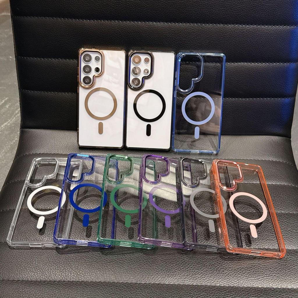 Магнитный прозрачный чехол для телефона Samsung S25/S24 Ultra цвета льда с металлическим кольцом для камеры