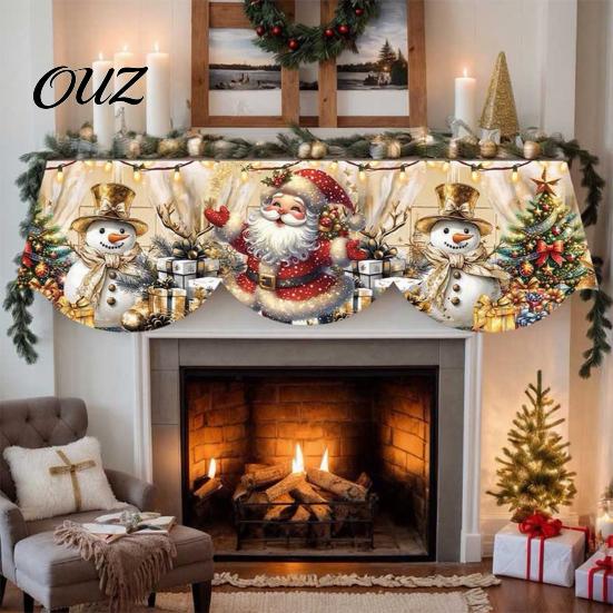 Religious Christmas Decoration Fireplace Mantel Scarf, Decorative Runner Cover, Snowman Santa Claus Snowy Polyester Garland Village Scene Covering