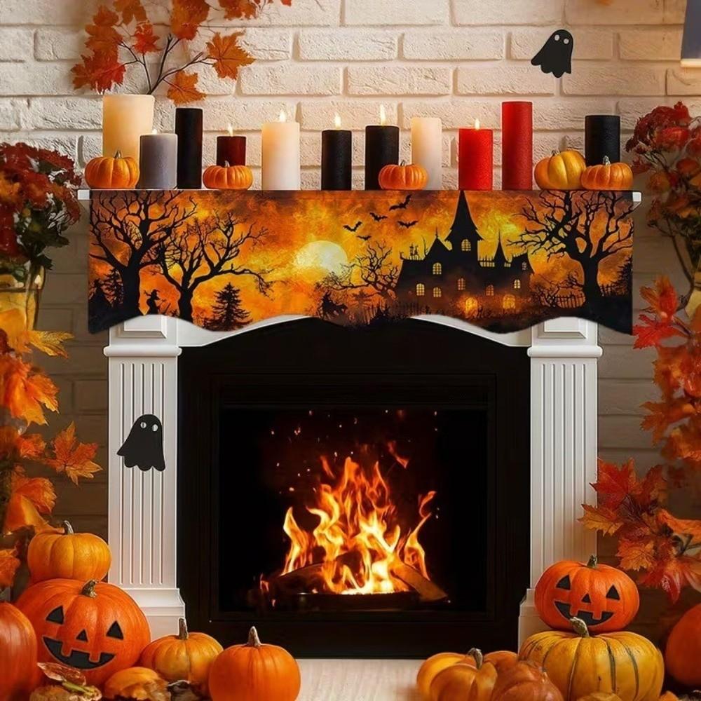 Country-Style Halloween Mantel Scarf Scalloped Edge Spooky Fireplace Topper Home Living